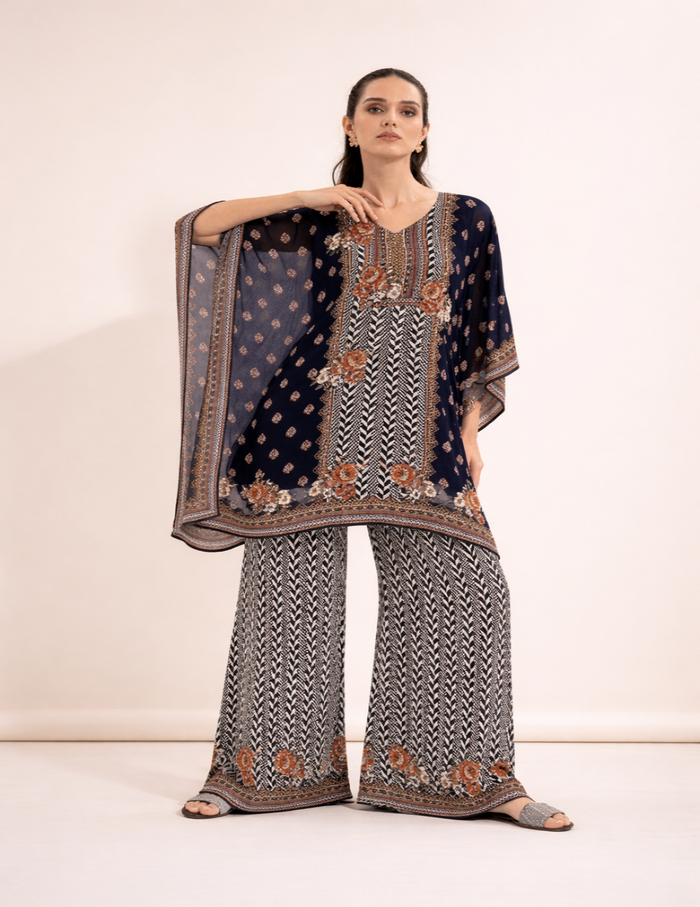 Elegant black printed kaftan co-ord set for festive and vacation wear, available online in Singapore