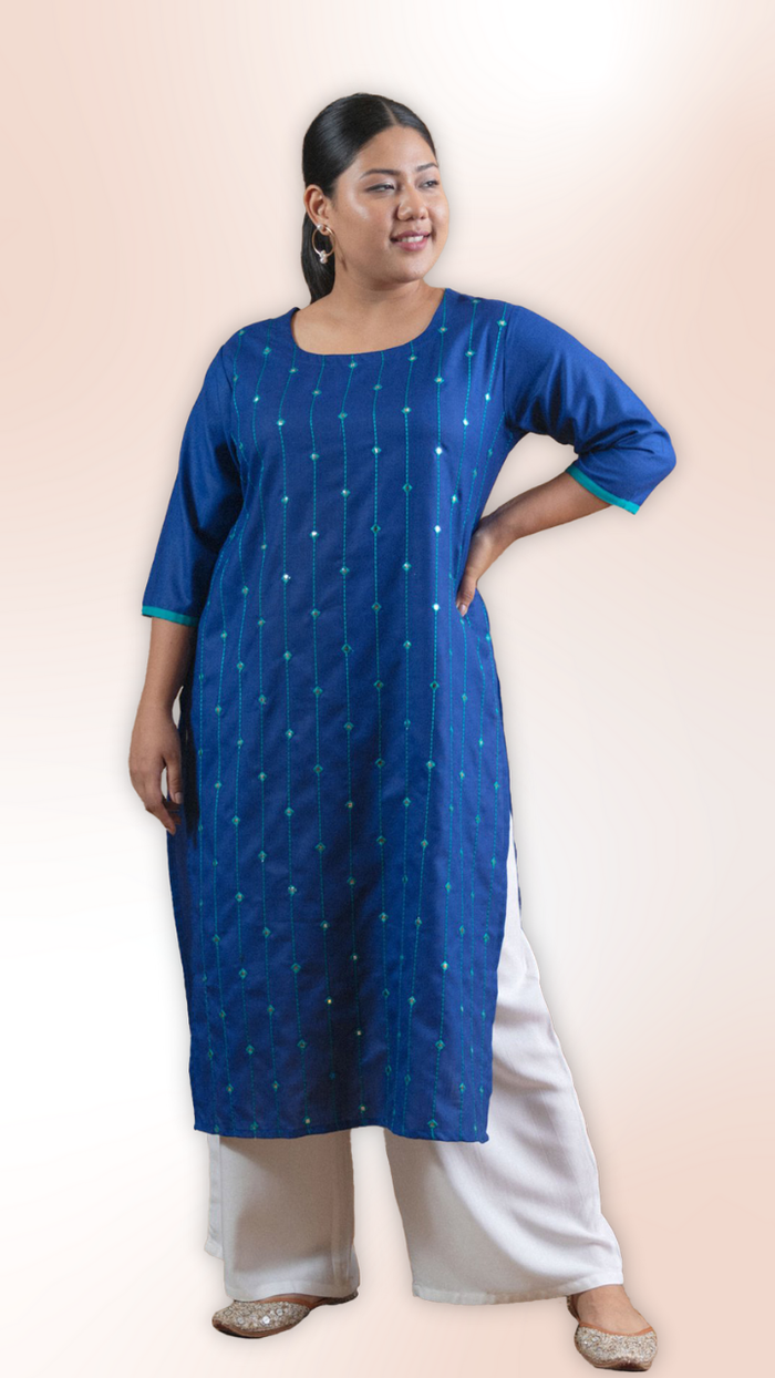 Blue Mirror Work Straight Long Kurti