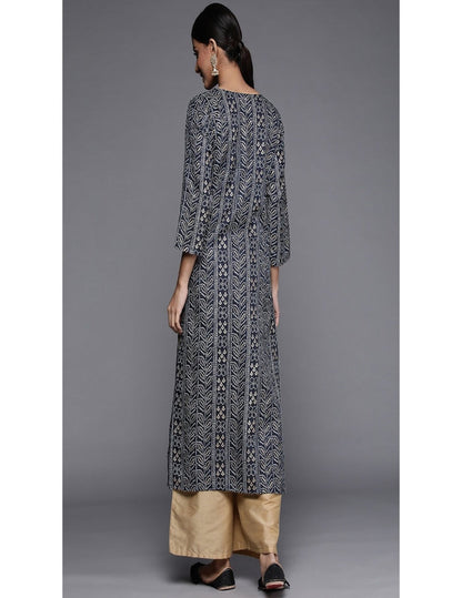 Blue Printed Long Straight Kurti