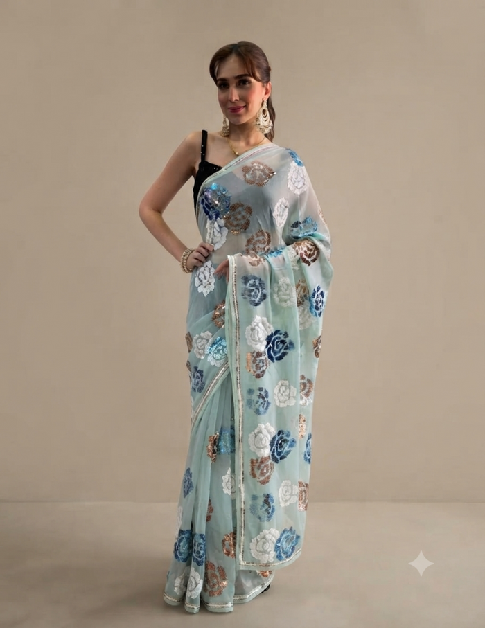 Blue Rose Sequins Saree