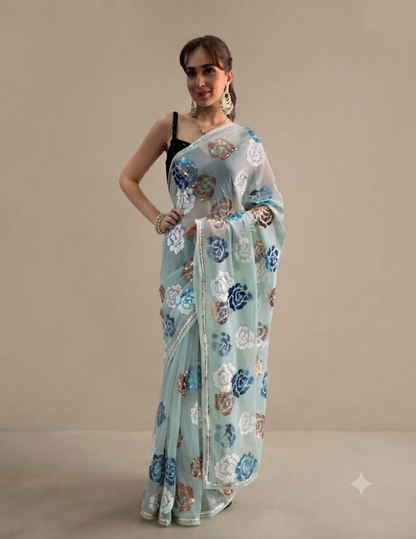 Blue Rose Sequins Saree