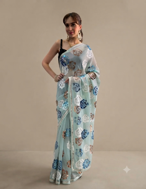 Blue Rose Sequins Saree
