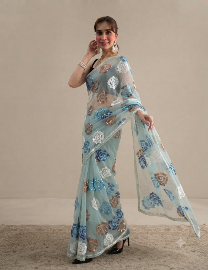 Blue Rose Sequins Saree