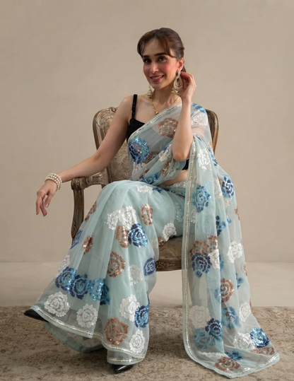Blue Rose Sequins Saree