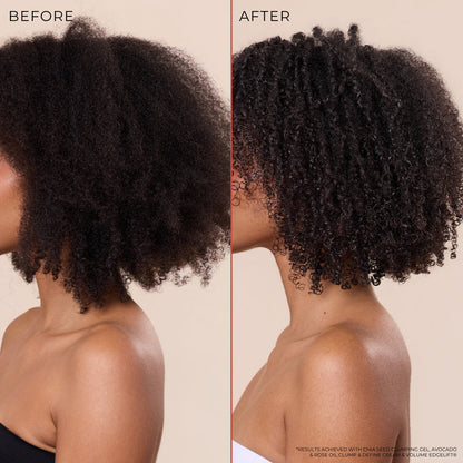 Before and after comparison of a person's hair showing volume and curl definition. The left side labeled 'BEFORE' shows looser, less defined curls, and the right side labeled 'AFTER' shows tighter, more defined curls.