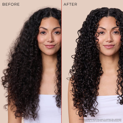 Before and after comparison of a woman with long, curly dark hair, showing improved definition and volume from a hair product. The left side is labeled BEFORE and shows looser curls; the right side is labeled AFTER and shows tighter, more defined curls.