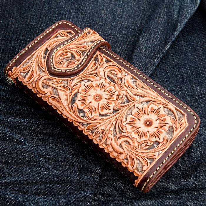 Back view of the floral embossed wallet highlighting the silver grommet for chain attachment.