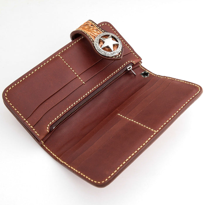 Open view of the brown leather wallet interior showing card slots, zipper pocket, and bill compartments.
