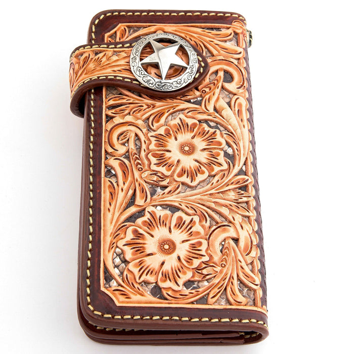 Front view of the Western style long wallet featuring a large silver star concho snap closure.