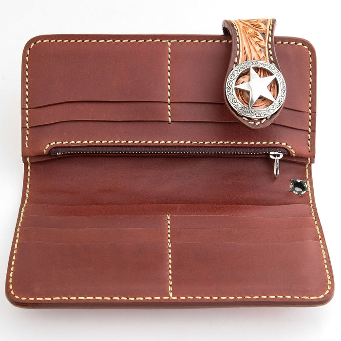 The bifold leather wallet fully opened, displaying the layout of the pockets and storage.