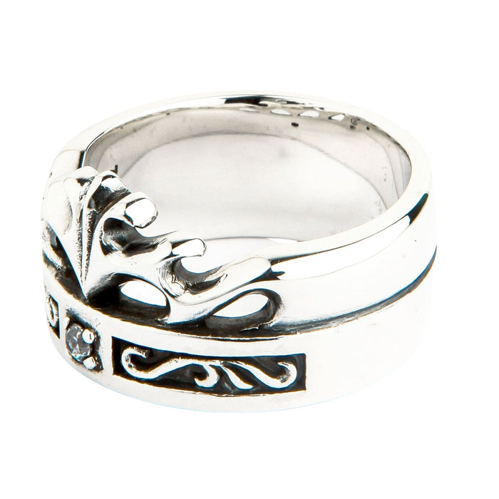 Angled profile of the 14mm silver band revealing a smooth polished interior and oxidized lower knotwork channel.