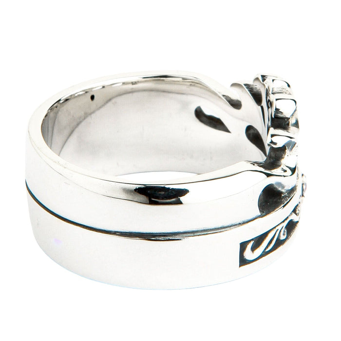 Back angle showcasing the thick, smooth polished silver section of the 14mm band opposite the crown design.