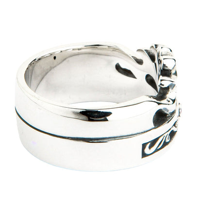 Back angle showcasing the thick, smooth polished silver section of the 14mm band opposite the crown design.