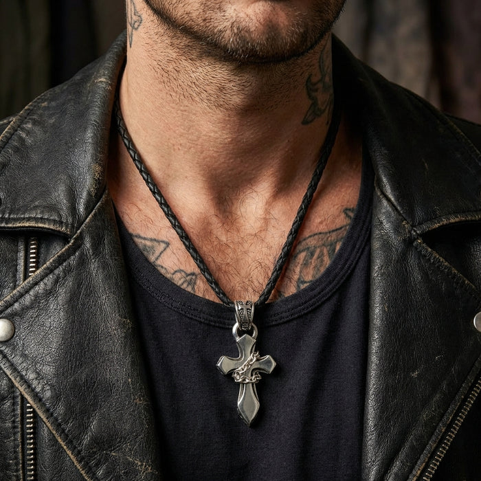 Tattooed male model wearing a sterling silver chain wrapped gothic cross pendant on a black braided leather cord, styled with a distressed black leather biker jacket.