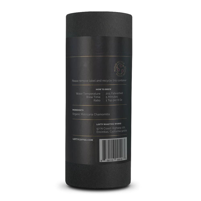 Back label of a Lofty chamomile tea canister with brewing instructions