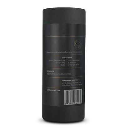 Back label of a Lofty chamomile tea canister with brewing instructions