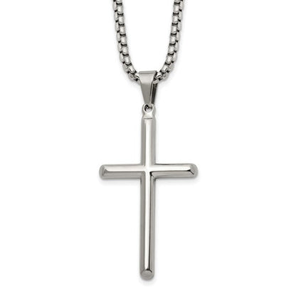 Crafted from polished stainless steel, this sleek cross pendant hangs elegantly from a 24-inch box chain necklace by Chisel.