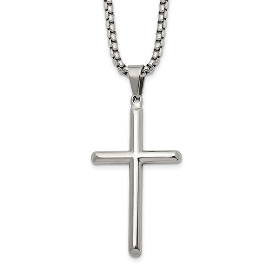 Crafted from polished stainless steel, this sleek cross pendant hangs elegantly from a 24-inch box chain necklace by Chisel.