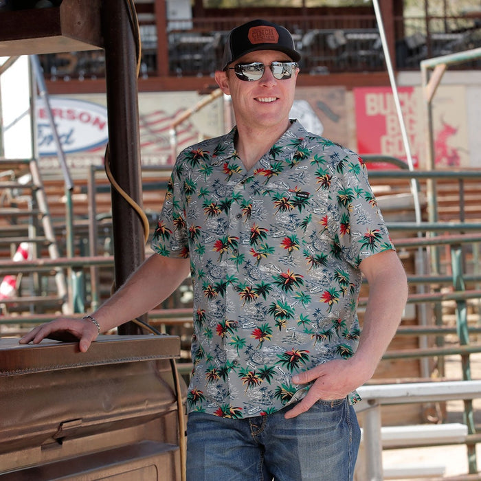 Cinch Men's Hawaiian Palm Short Sleeve Camp Shirt in Grey