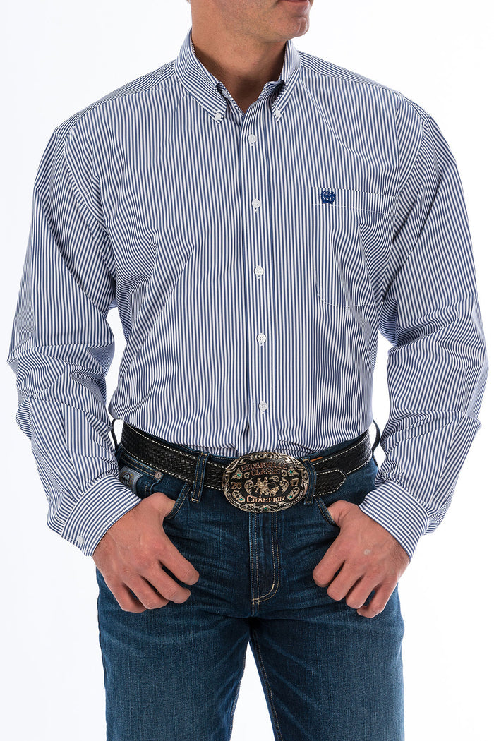 Cinch Men's Tencel L/S Striped Western Button Down Shirt in Royal Blue