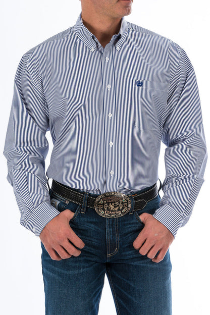 Cinch Men's Tencel L/S Striped Western Button Down Shirt in Royal Blue