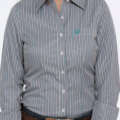 Cinch Women's L/S Tri-Color Stripe Tencel Button Down Shirt- Navy, Teal, Cream