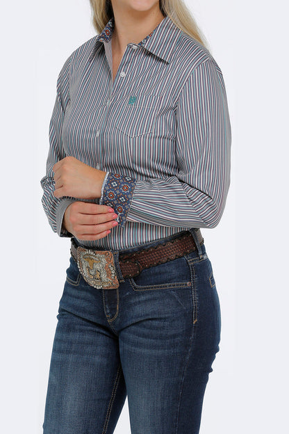 Cinch Women's L/S Tri-Color Stripe Tencel Button Down Shirt- Navy, Teal, Cream