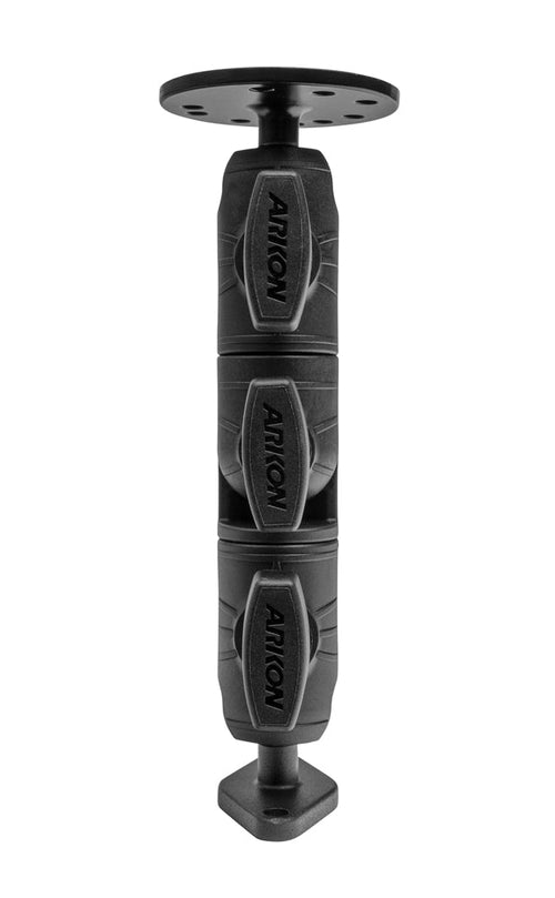 The ARICON Circular Mounting Pattern with Diamond-Shaped Drill Base Mount is a black, adjustable support jack with three twist-locks, round platform top, square base, and 25mm ball compatibility for commercial vehicle mounting.