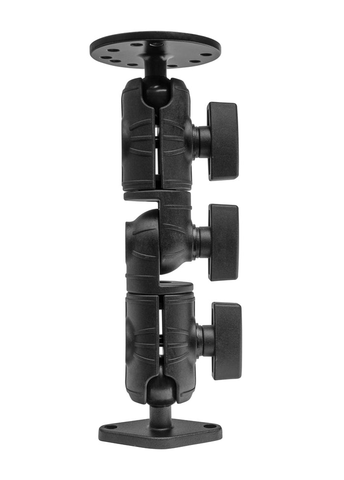 The Circular Mounting Pattern with Diamond-Shaped Drill Base Mount is a black adjustable arm, shown vertically against a white background, featuring two large tightening knobs and flat plates on both ends. It is 25mm ball compatible for commercial vehicles.
