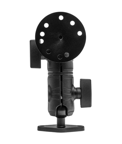 The Circular Mounting Pattern with Diamond-Shaped Drill Base Mount is a black adjustable bracket featuring a round plate with multiple holes, designed for device mounting; shown against a white background.