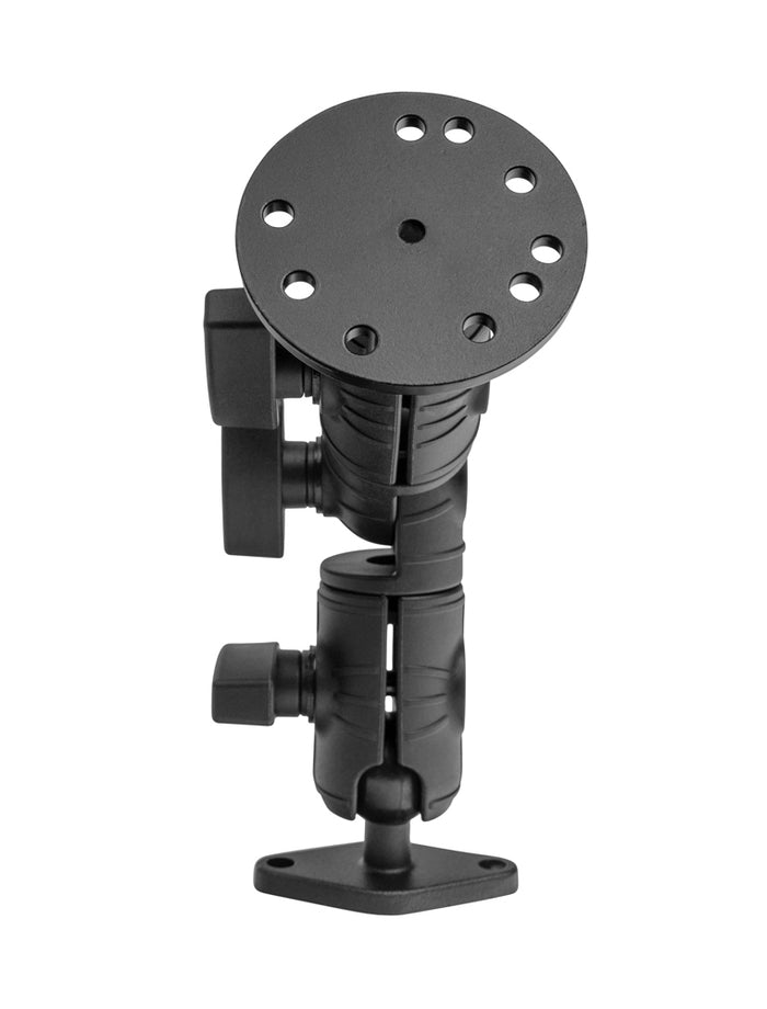 The Circular Mounting Pattern with Diamond-Shaped Drill Base Mount is a black adjustable bracket featuring multiple knobs and a 25mm round ball plate with several holes, perfect for AMPS commercial vehicle setups. Displayed on a plain white background.
