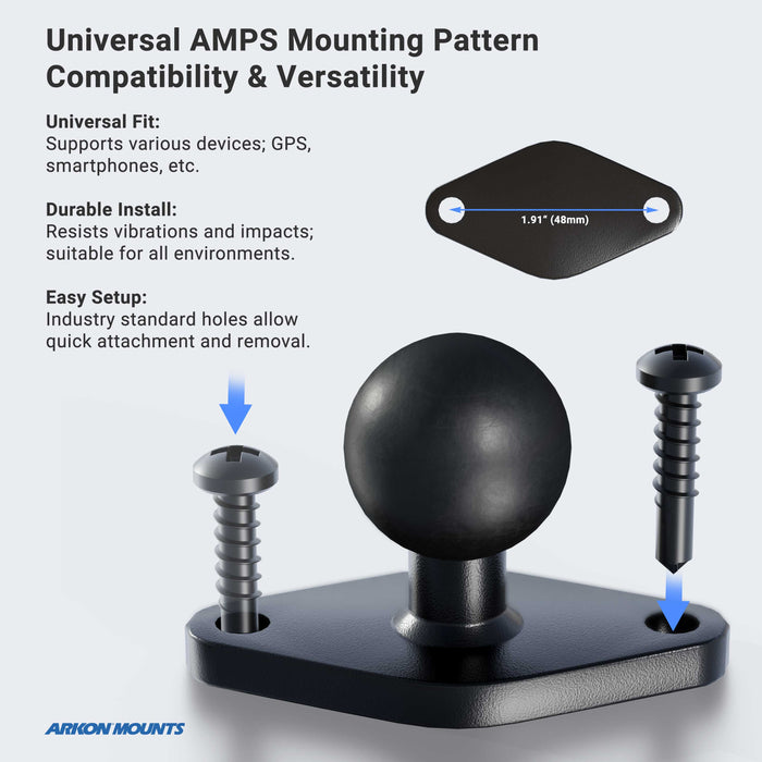 Circular Mounting Pattern with Diamond-Shaped Drill Base Mount includes a ball joint, two screws, and a hole-spacing diagram. Offers universal fit, durable and easy setup, flexible swivel AMPS mount. Arkon Mounts logo at lower left.