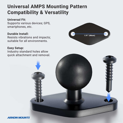 Circular Mounting Pattern with Diamond-Shaped Drill Base Mount includes a ball joint, two screws, and a hole-spacing diagram. Offers universal fit, durable and easy setup, flexible swivel AMPS mount. Arkon Mounts logo at lower left.