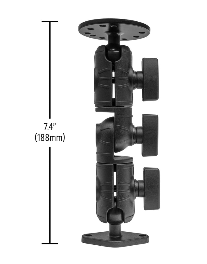 The Circular Mounting Pattern with Diamond-Shaped Drill Base Mount is a black adjustable arm, 7.4 inches (188 mm) tall, with three locking knobs and two flat plates; compatible with 25mm ball systems and features a ratcheting AMPS mount.