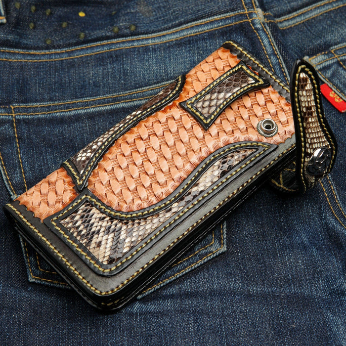 real leather woven tribal men's biker wallet