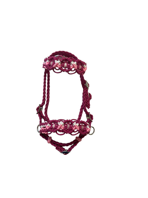 complete Bitless bridle side pull hackamore in my beaded  style with rose quartz.