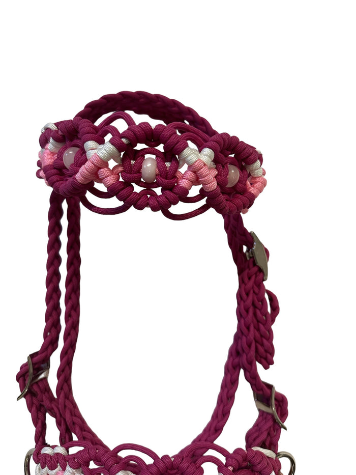 complete Bitless bridle side pull hackamore in my beaded  style with rose quartz.