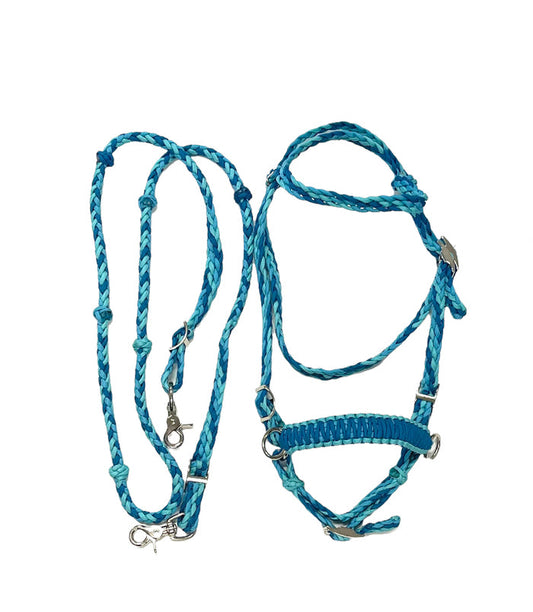complete bitless bridle side pull hackamore teal with reins ....pony, Cob, Horse. or Draft horse size