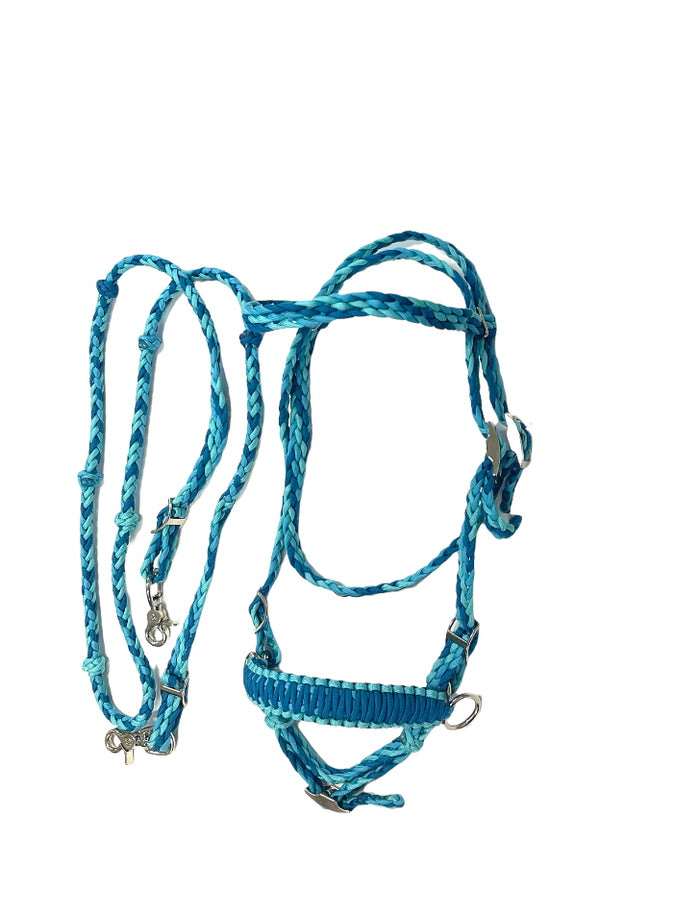 complete bitless bridle side pull hackamore teal with reins ....pony, Cob, Horse. or Draft horse size