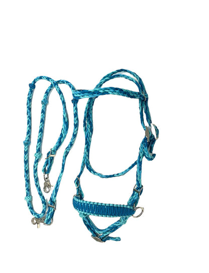 complete bitless bridle side pull hackamore teal with reins ....pony, Cob, Horse. or Draft horse size