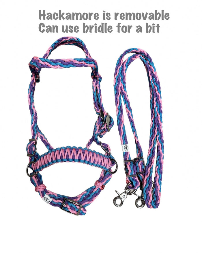 complete bitless bridle side pull hackamore with reins pink lilac and turquoise  ....pony, Cob, horse, or Draft horse size