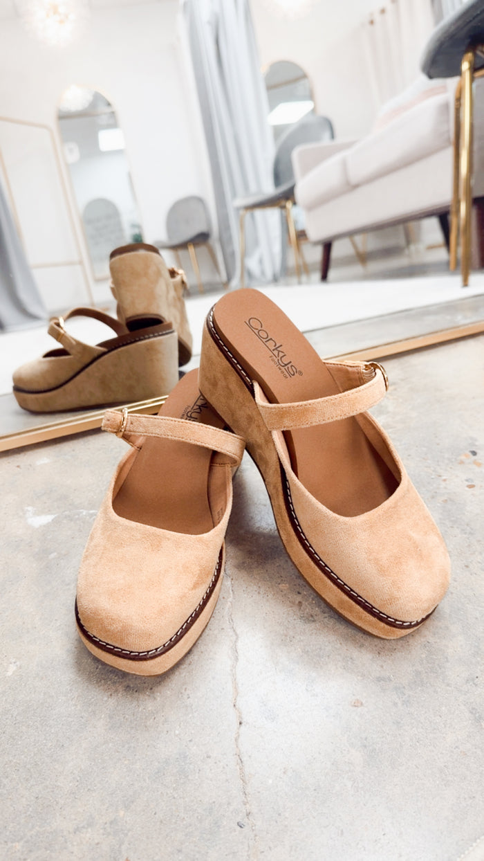 Corkys Me Time Wedge-Camel Faux Suede