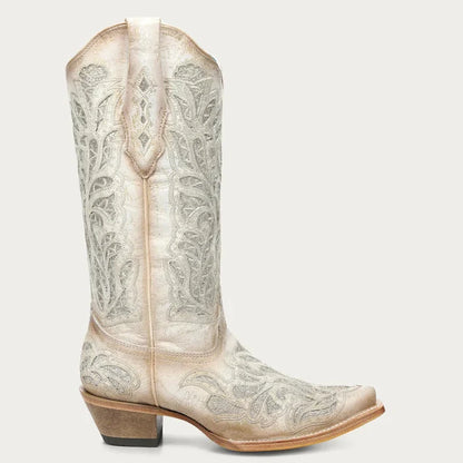 Corral Women's White Glitter Inlay and Embroidery Snip Toe Boot