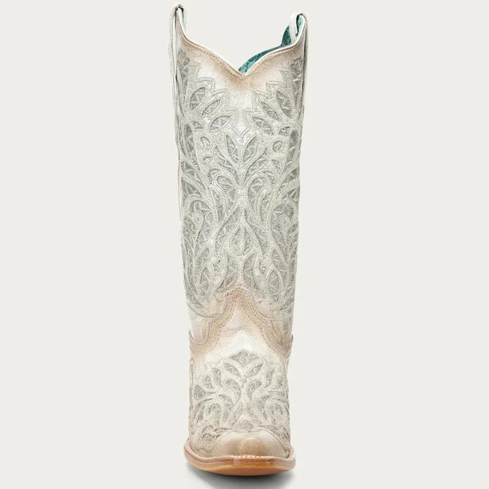 Corral Women's White Glitter Inlay and Embroidery Snip Toe Boot