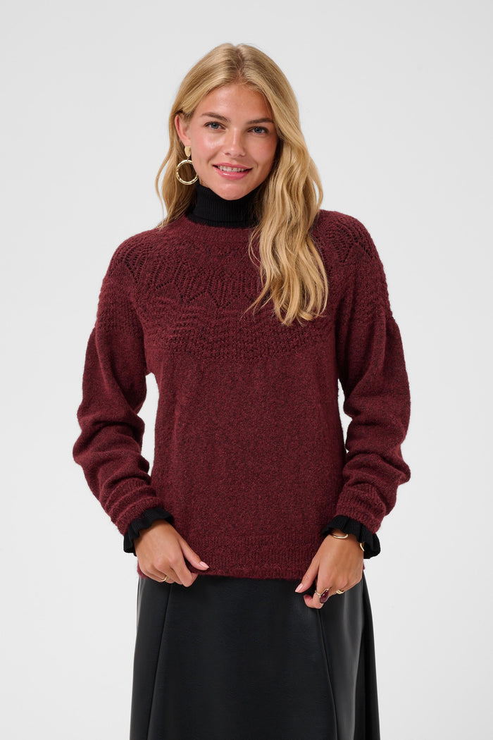 Cream 10615297 CRJunah Pointelle Jumper Cabernet Red on model Shop Cream at Dotique