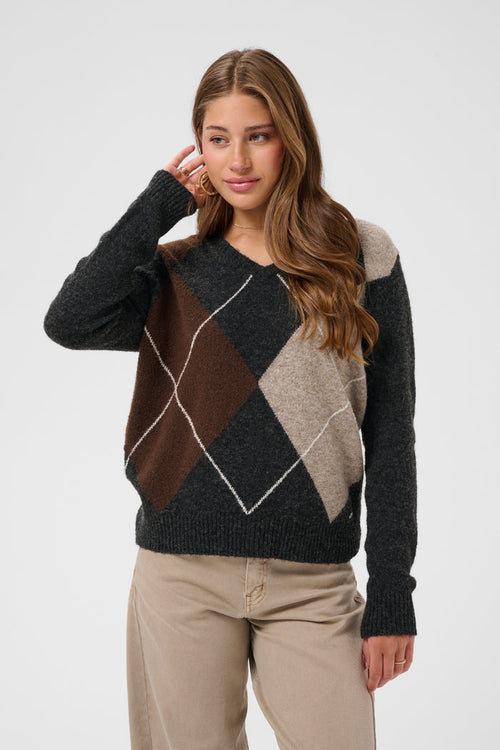 Cream 10615298 CRHope Knit Jumper argyle knit on model. Shop Cream at Dotique