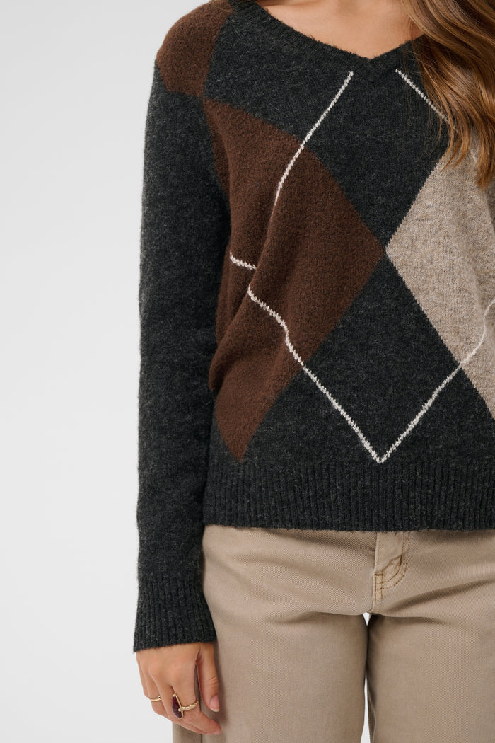 Cream 10615298 CRHope Knit Jumper in argyle knit on model. Shop Cream at Dotique
