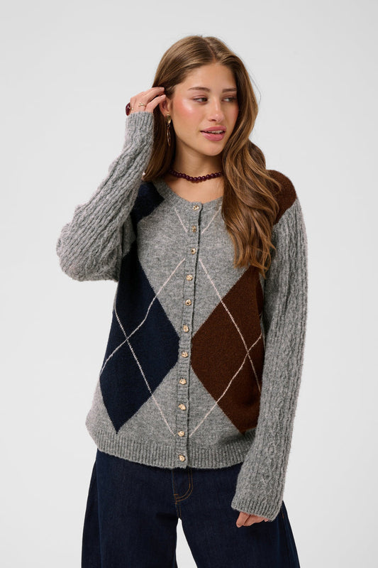 Cream 10615300 CRHope Knit Cardigan argyle knit on model Shop Cream at Dotique