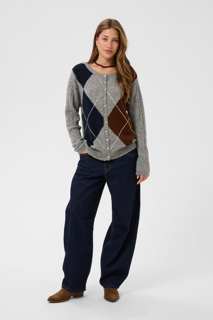 Cream 10615300 CRHope Knit Cardigan grey argyle knit on model Shop Cream at Dotique