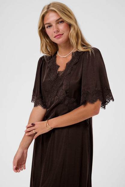 Cream 10615319 Confir Lace Maxi Dress in Java Brown on model. Shop Cream at Dotique.